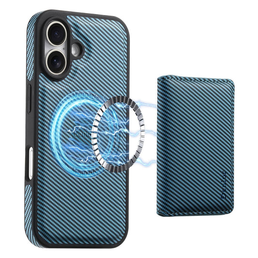 For iPhone 16 Denior Carbon Fiber Texture Leather Card Bag MagSafe Phone Case(Blue) - iPhone 16 Cases by Denior | Online Shopping South Africa | PMC Jewellery | Buy Now Pay Later Mobicred