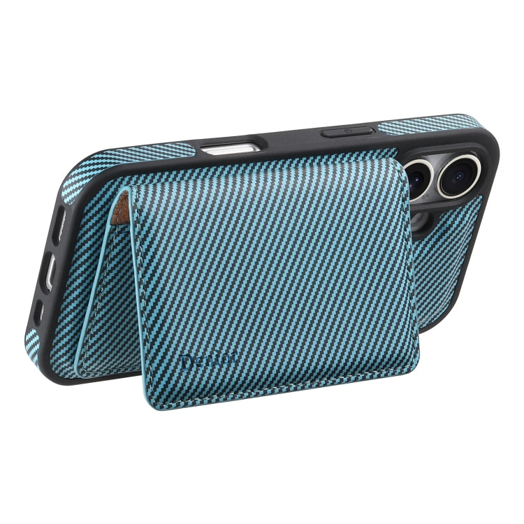 For iPhone 16 Denior Carbon Fiber Texture Leather Card Bag MagSafe Phone Case(Blue) - iPhone 16 Cases by Denior | Online Shopping South Africa | PMC Jewellery | Buy Now Pay Later Mobicred