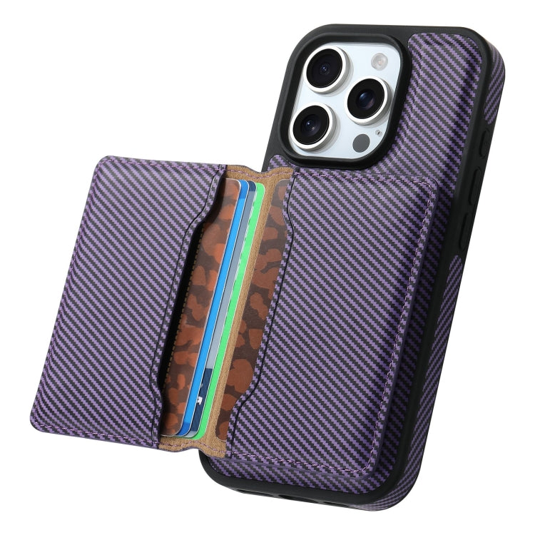 For iPhone 16 Denior Carbon Fiber Texture Leather Card Bag MagSafe Phone Case(Purple) - iPhone 16 Cases by Denior | Online Shopping South Africa | PMC Jewellery | Buy Now Pay Later Mobicred