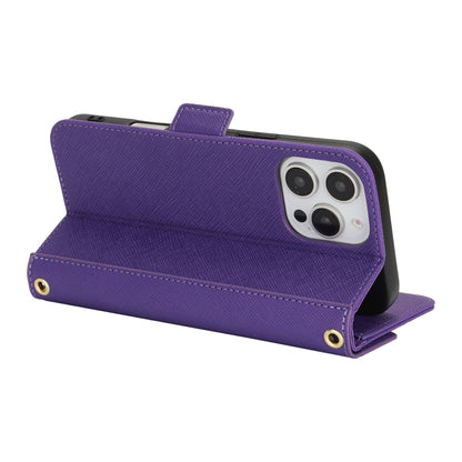 For iPhone 16 Pro Max Cross Texture Crossbody Lanyard Leather Phone Case(Purple) - iPhone 16 Pro Max Cases by PMC Jewellery | Online Shopping South Africa | PMC Jewellery | Buy Now Pay Later Mobicred