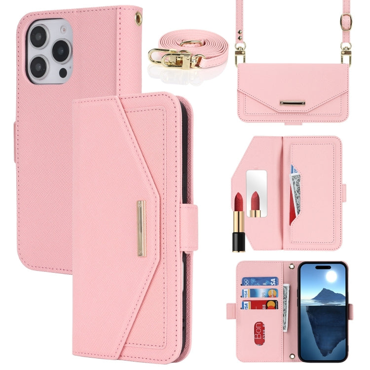 For iPhone 16 Pro Max Cross Texture Crossbody Lanyard Leather Phone Case(Pink) - iPhone 16 Pro Max Cases by PMC Jewellery | Online Shopping South Africa | PMC Jewellery | Buy Now Pay Later Mobicred