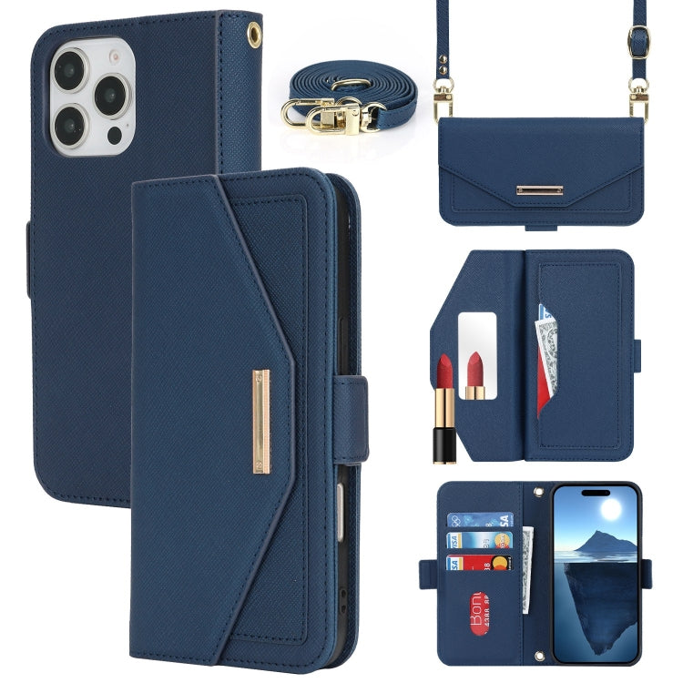 For iPhone 16 Pro Cross Texture Crossbody Lanyard Leather Phone Case(Blue) - iPhone 16 Pro Cases by PMC Jewellery | Online Shopping South Africa | PMC Jewellery | Buy Now Pay Later Mobicred