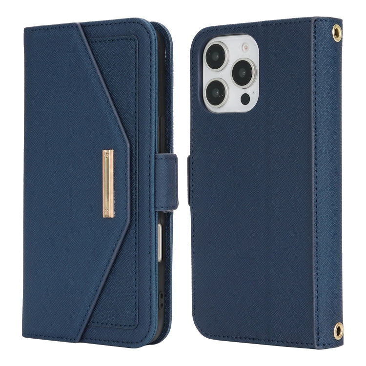 For iPhone 16 Pro Cross Texture Crossbody Lanyard Leather Phone Case(Blue) - iPhone 16 Pro Cases by PMC Jewellery | Online Shopping South Africa | PMC Jewellery | Buy Now Pay Later Mobicred