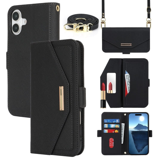 For iPhone 16 Plus Cross Texture Crossbody Lanyard Leather Phone Case(Black) - iPhone 16 Plus Cases by PMC Jewellery | Online Shopping South Africa | PMC Jewellery | Buy Now Pay Later Mobicred