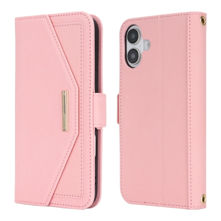 For iPhone 16 Plus Cross Texture Crossbody Lanyard Leather Phone Case(Pink) - iPhone 16 Plus Cases by PMC Jewellery | Online Shopping South Africa | PMC Jewellery | Buy Now Pay Later Mobicred