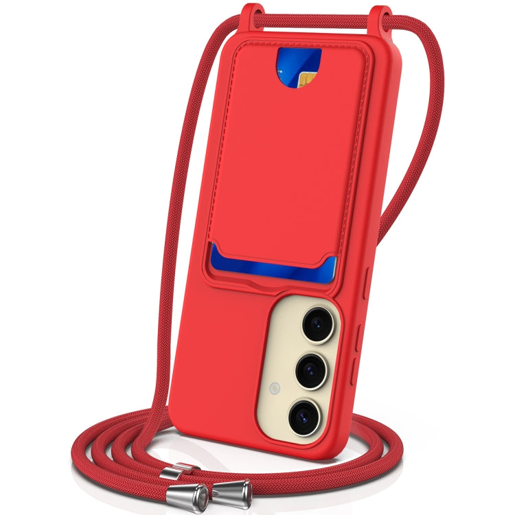 For Samsung Galaxy S25 5G Integrated Card Bag Solid Color Liquid Silicone Phone Case with Lanyard(Red) - Galaxy S25 5G Cases by PMC Jewellery | Online Shopping South Africa | PMC Jewellery | Buy Now Pay Later Mobicred