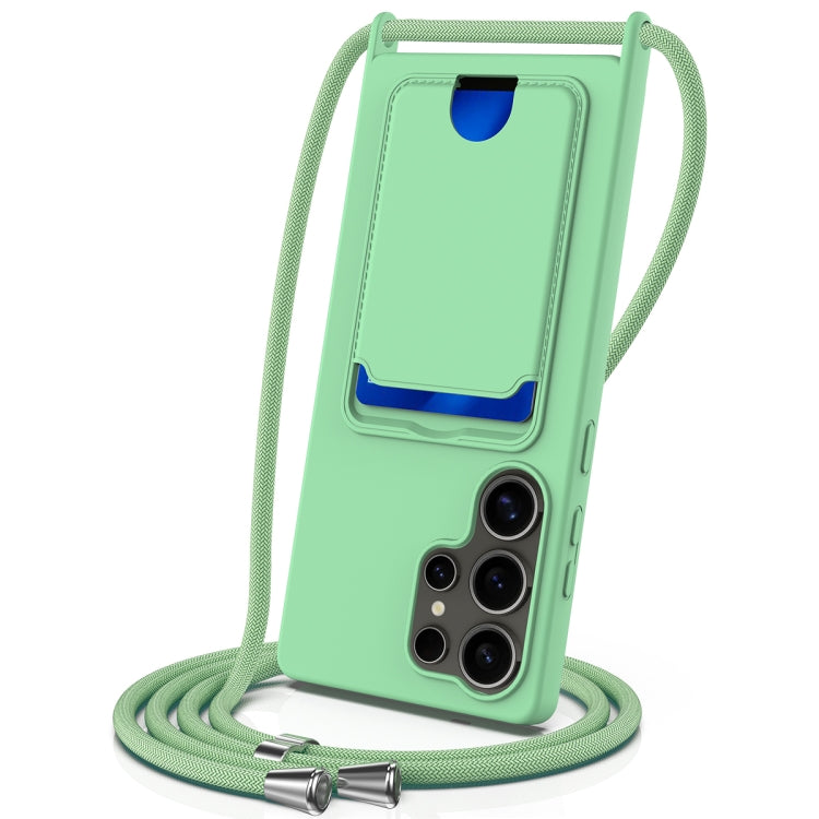 For Samsung Galaxy S25 Ultra 5G Integrated Card Bag Solid Color Liquid Silicone Phone Case with Lanyard(Green) - free shipping - PMC Jewellery - Order now!