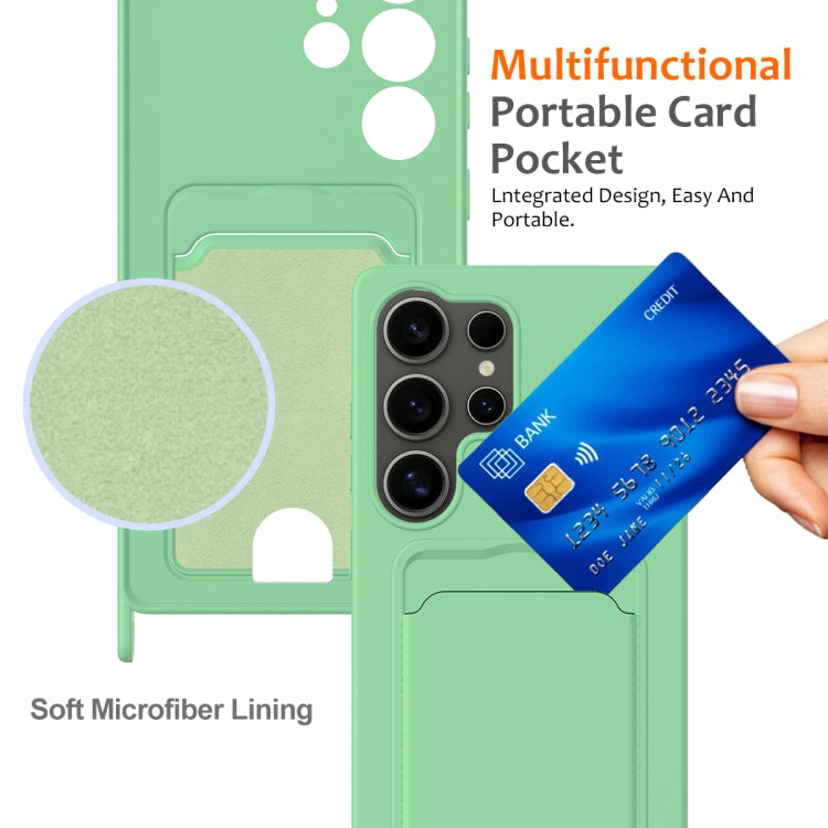 For Samsung Galaxy S25 Ultra 5G Integrated Card Bag Solid Color Liquid Silicone Phone Case with Lanyard(Green) - free shipping - PMC Jewellery - Order now!