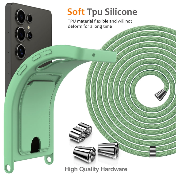 For Samsung Galaxy S25 Ultra 5G Integrated Card Bag Solid Color Liquid Silicone Phone Case with Lanyard(Green) - free shipping - PMC Jewellery - Order now!