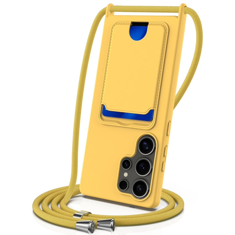 For Samsung Galaxy S25 Ultra 5G Integrated Card Bag Solid Color Liquid Silicone Phone Case with Lanyard(Yellow) - free shipping - PMC Jewellery - Order now!