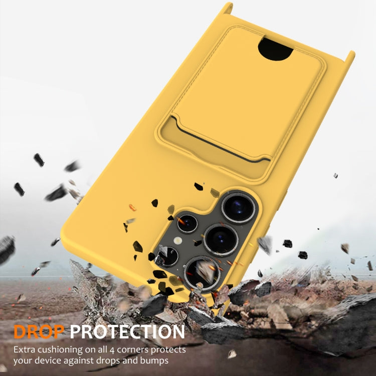 For Samsung Galaxy S25 Ultra 5G Integrated Card Bag Solid Color Liquid Silicone Phone Case with Lanyard(Yellow) - free shipping - PMC Jewellery - Order now!