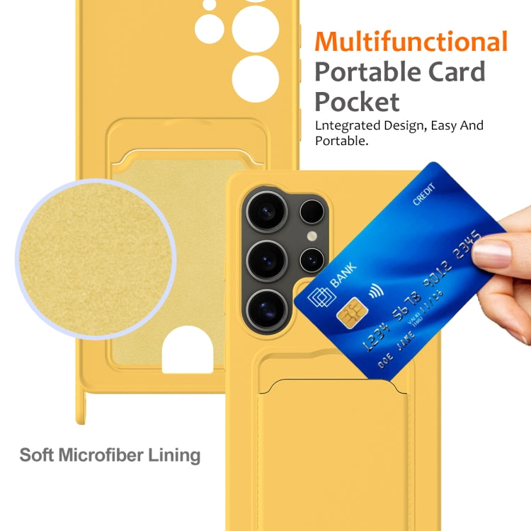 For Samsung Galaxy S25 Ultra 5G Integrated Card Bag Solid Color Liquid Silicone Phone Case with Lanyard(Yellow) - free shipping - PMC Jewellery - Order now!