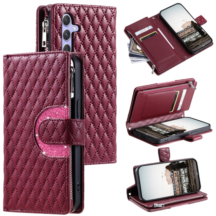 For Samsung Galaxy S25 5G Glitter Lattice Zipper Wallet Leather Phone Case(Wine Red) - Galaxy S25 5G Cases by PMC TechLife | Online Shopping South Africa | PMC TechLife | Buy Now Pay Later Mobicred