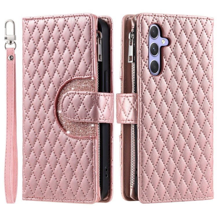 For Samsung Galaxy S25 5G Glitter Lattice Zipper Wallet Leather Phone Case(Rose Gold) - Galaxy S25 5G Cases by PMC TechLife | Online Shopping South Africa | PMC TechLife | Buy Now Pay Later Mobicred