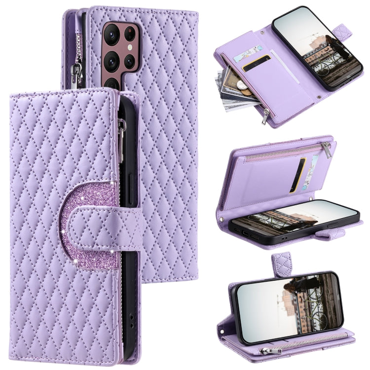 For Samsung Galaxy S25 Ultra 5G Glitter Lattice Zipper Wallet Leather Phone Case(Purple) - Galaxy S25 Ultra 5G Cases by PMC TechLife | Online Shopping South Africa | PMC TechLife | Buy Now Pay Later Mobicred