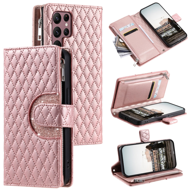 For Samsung Galaxy S25 Ultra 5G Glitter Lattice Zipper Wallet Leather Phone Case(Rose Gold) - Galaxy S25 Ultra 5G Cases by PMC TechLife | Online Shopping South Africa | PMC TechLife | Buy Now Pay Later Mobicred