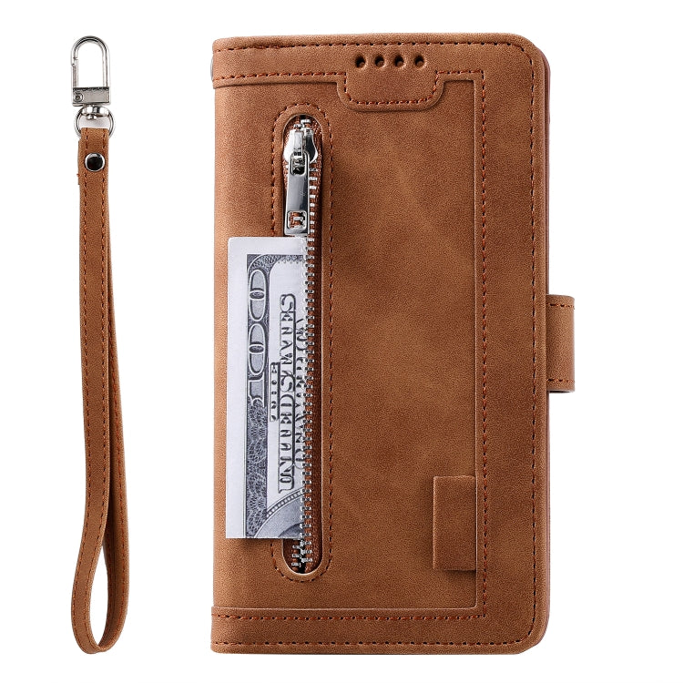 For Samsung Galaxy S25 5G Nine Card Zipper Bag Leather Phone Case with Lanyard(Brown) - Galaxy S25 5G Cases by PMC TechLife | Online Shopping South Africa | PMC TechLife | Buy Now Pay Later Mobicred