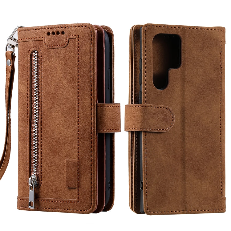 For Samsung Galaxy S25 Ultra 5G Nine Card Zipper Bag Leather Phone Case with Lanyard(Brown) - free shipping - PMC Jewellery - Order now!