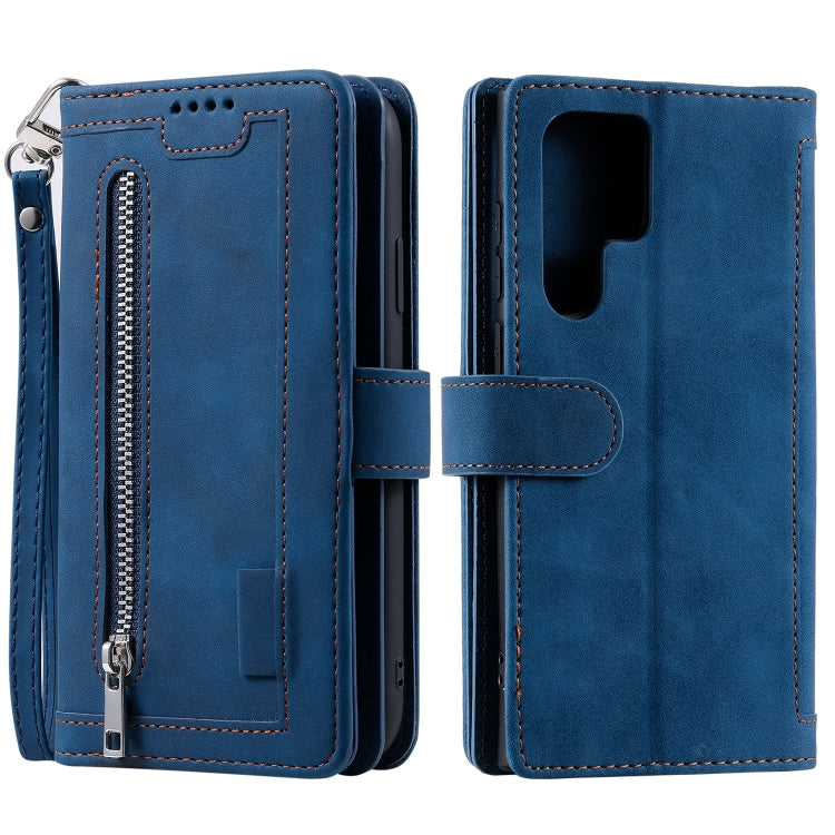 For Samsung Galaxy S25 Ultra 5G Nine Card Zipper Bag Leather Phone Case with Lanyard(Blue) - Galaxy S25 Ultra 5G Cases by PMC TechLife | Online Shopping South Africa | PMC TechLife | Buy Now Pay Later Mobicred