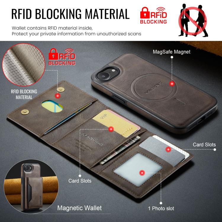 For iPhone 16e DG.MING MAGKING-K2 Series MagSafe RFID Card Bag Detachable Phone Case(Coffee) - free shipping - PMc TechLife - Order now!