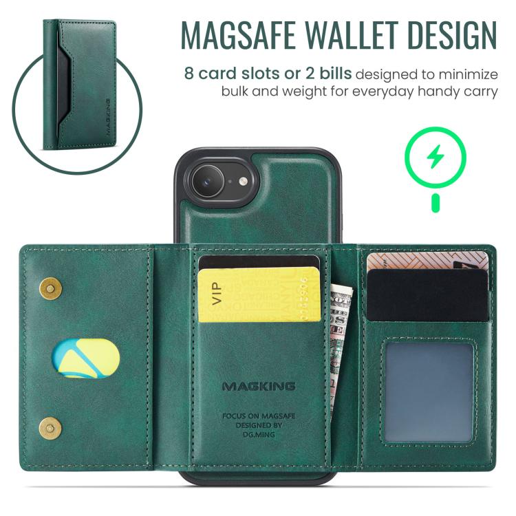 For iPhone 16e DG.MING MAGKING-K2 Series MagSafe RFID Card Bag Detachable Phone Case(Green) - free shipping - PMc TechLife - Order now!