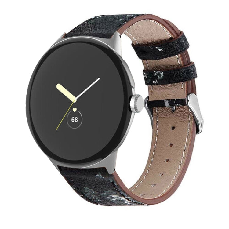 For Google Pixel Watch 3 45mm Round Tail Genuine Leather Watch Band(Black White Flower) - Watch Bands by PMc TechLife | Online Shopping South Africa | PMc TechLife | Buy Now Pay Later Mobicred
