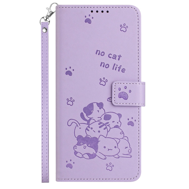 For Motorola Edge 2024 5G Embossed Kitten Phone Leather Case with Lanyard(Purple) - Motorola Cases by PMC Jewellery | Online Shopping South Africa | PMC Jewellery | Buy Now Pay Later Mobicred