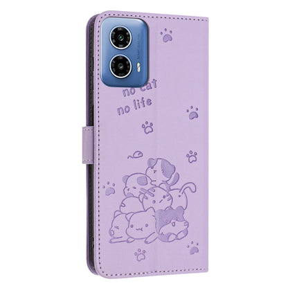 For Motorola Edge 2024 5G Embossed Kitten Phone Leather Case with Lanyard(Purple) - Motorola Cases by PMC Jewellery | Online Shopping South Africa | PMC Jewellery | Buy Now Pay Later Mobicred