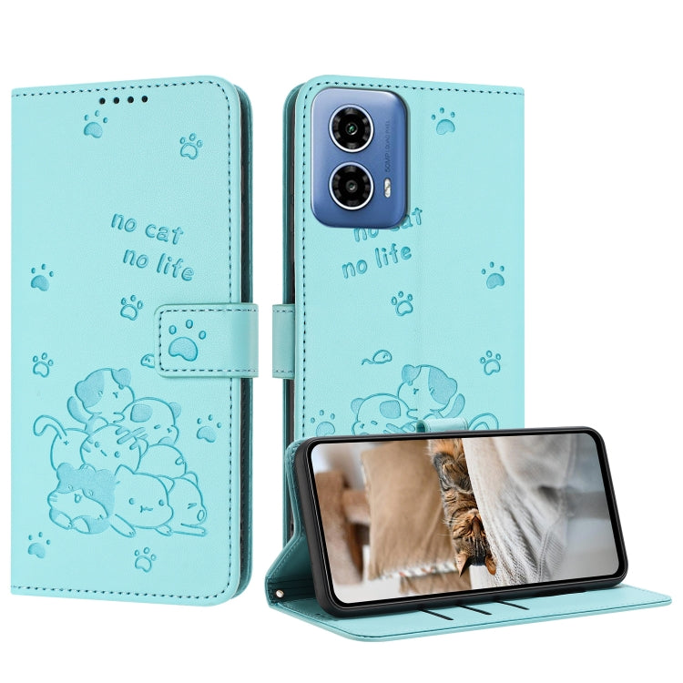 For Motorola Edge 2024 5G Embossed Kitten Phone Leather Case with Lanyard(Mint Green) - Motorola Cases by PMC Jewellery | Online Shopping South Africa | PMC Jewellery | Buy Now Pay Later Mobicred