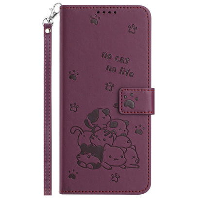 For Motorola Edge 2024 5G Embossed Kitten Phone Leather Case with Lanyard(Wine Red) - Motorola Cases by PMC Jewellery | Online Shopping South Africa | PMC Jewellery | Buy Now Pay Later Mobicred