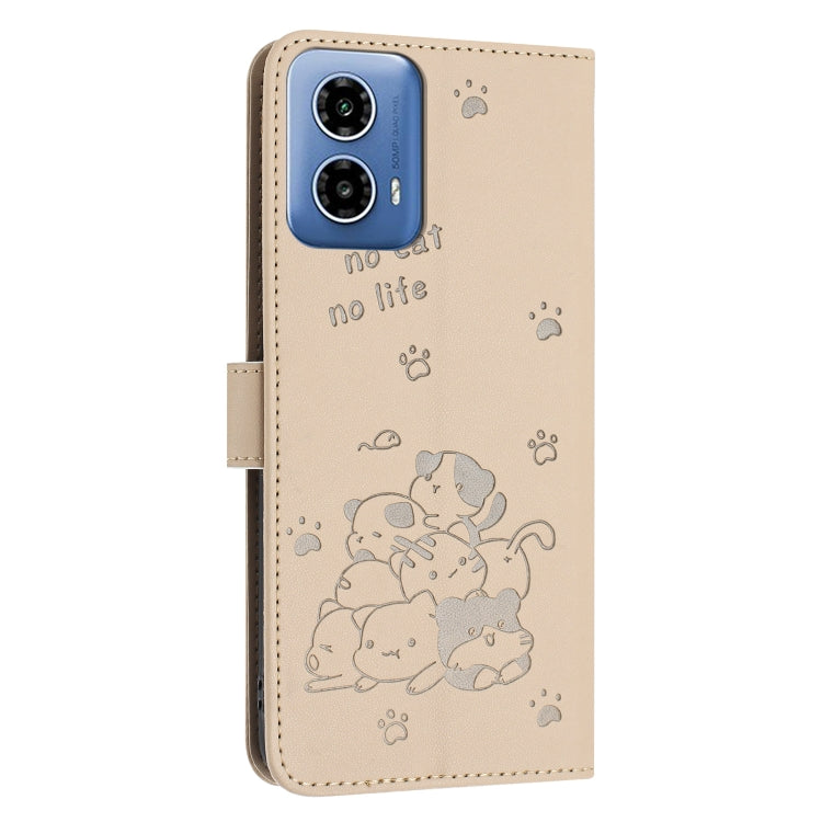 For Motorola Moto G 5G 2024 Embossed Kitten Phone Leather Case with Lanyard(Beige) - Motorola Cases by PMC Jewellery | Online Shopping South Africa | PMC Jewellery | Buy Now Pay Later Mobicred