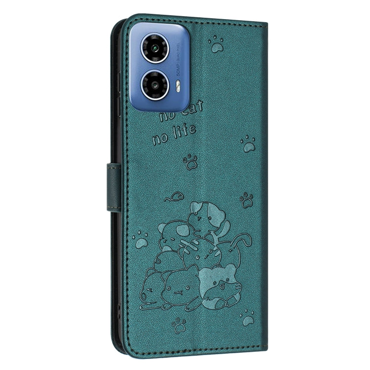 For Motorola Moto G 5G 2024 Embossed Kitten Phone Leather Case with Lanyard(Dark Green) - Motorola Cases by PMC Jewellery | Online Shopping South Africa | PMC Jewellery | Buy Now Pay Later Mobicred