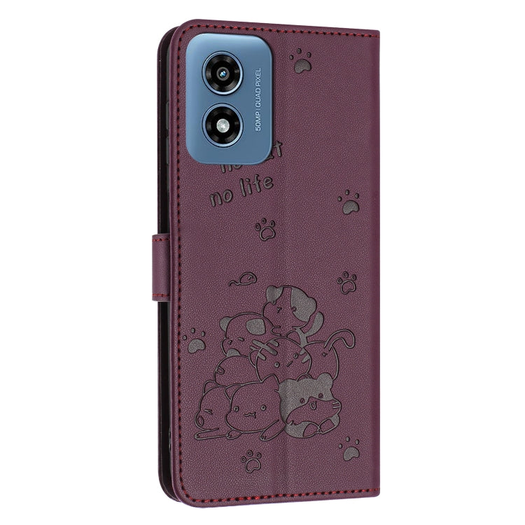 For Motorola Moto G Play 4G 2024 Embossed Kitten Phone Leather Case with Lanyard(Wine Red) - Motorola Cases by PMC Jewellery | Online Shopping South Africa | PMC Jewellery | Buy Now Pay Later Mobicred