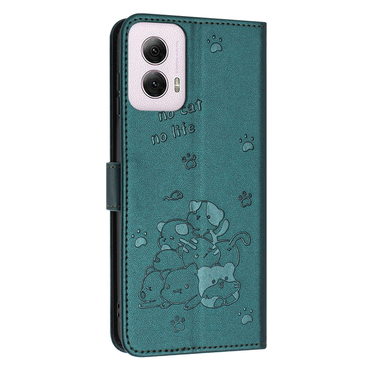 For Motorola Moto G Power 5G 2024 Embossed Kitten Phone Leather Case with Lanyard(Dark Green) - Motorola Cases by PMC Jewellery | Online Shopping South Africa | PMC Jewellery | Buy Now Pay Later Mobicred