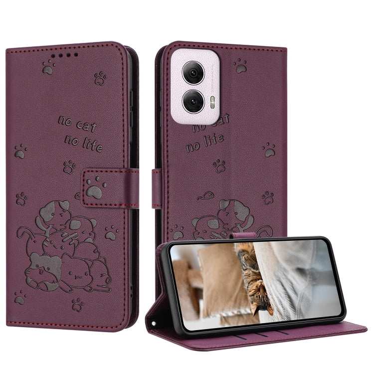 For Motorola Moto G Power 5G 2024 Embossed Kitten Phone Leather Case with Lanyard(Wine Red) - Motorola Cases by PMC Jewellery | Online Shopping South Africa | PMC Jewellery | Buy Now Pay Later Mobicred