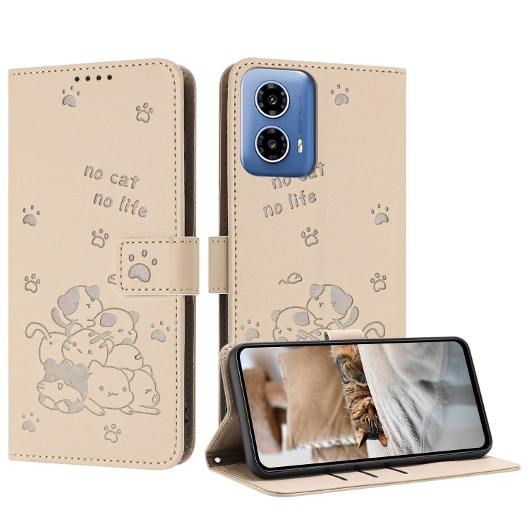 For Motorola Moto G Stylus 5G 2024 Embossed Kitten Phone Leather Case with Lanyard(Beige) - Motorola Cases by PMC Jewellery | Online Shopping South Africa | PMC Jewellery | Buy Now Pay Later Mobicred