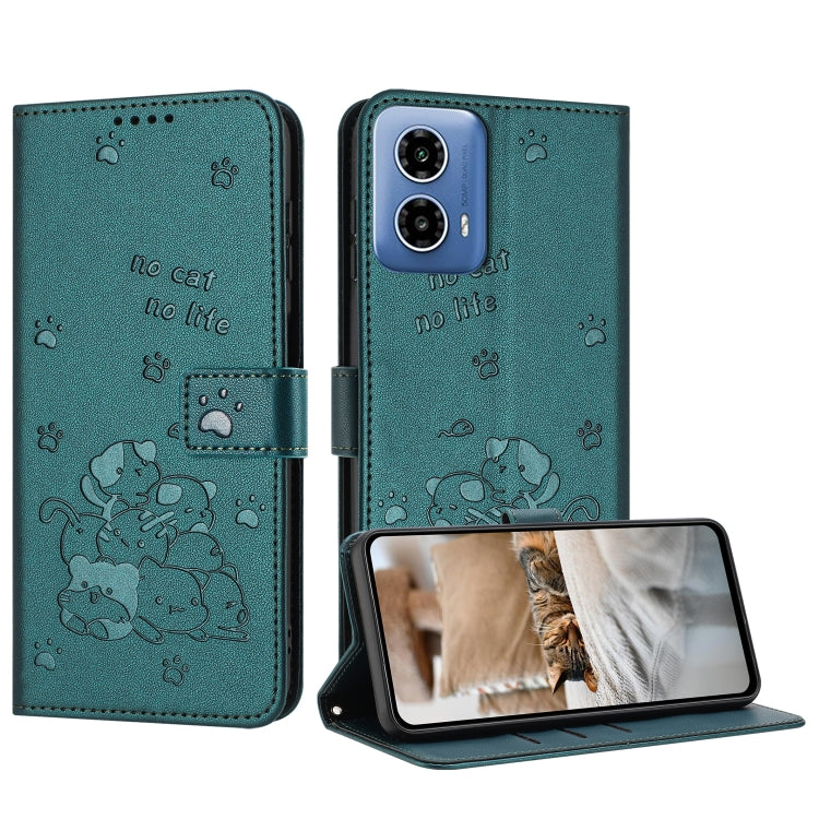 For Motorola Moto G Stylus 5G 2024 Embossed Kitten Phone Leather Case with Lanyard(Dark Green) - free shipping - PMC Jewellery - Order now!
