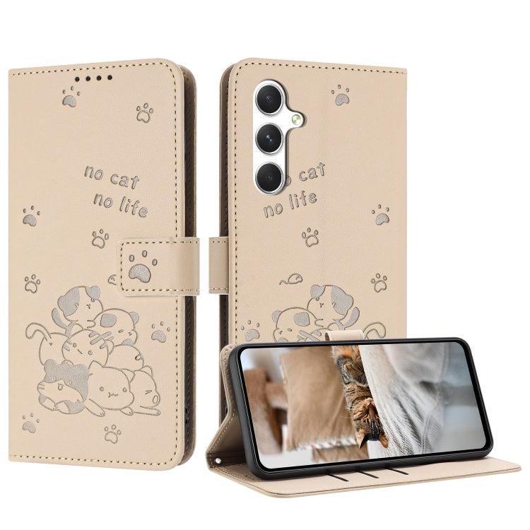 For Samsung Galaxy S25+ / S24+ 5G Embossed Kitten Phone Leather Case with Lanyard(Beige) - Galaxy S24+ 5G Cases by PMC TechLife | Online Shopping South Africa | PMC TechLife | Buy Now Pay Later Mobicred