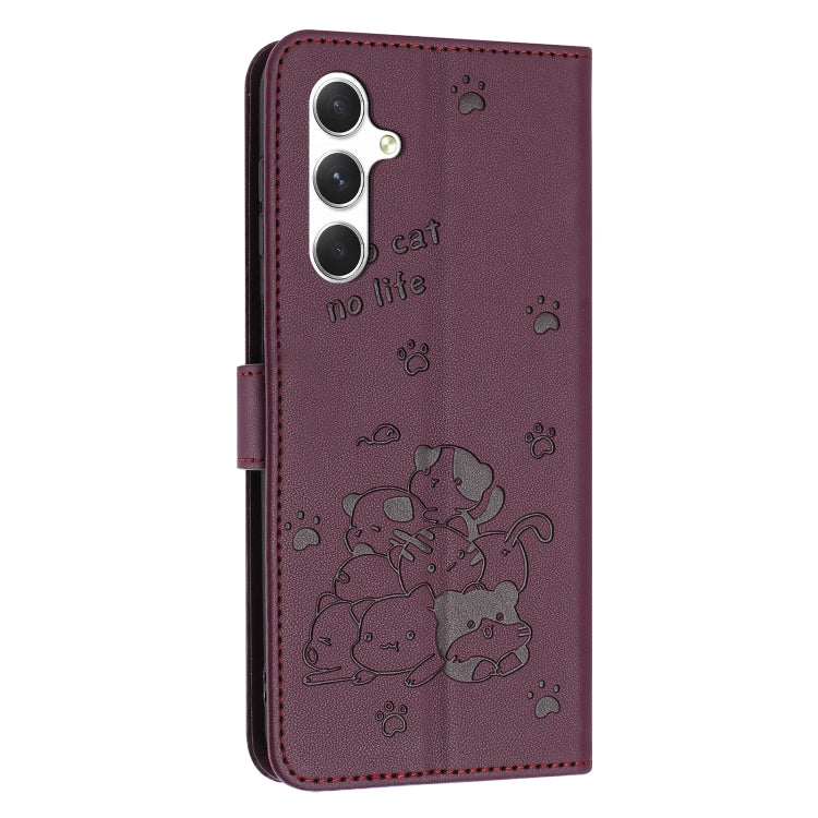 For Samsung Galaxy S25 / S24 5G Embossed Kitten Phone Leather Case with Lanyard(Wine Red) - Galaxy S24 5G Cases by PMC TechLife | Online Shopping South Africa | PMC TechLife | Buy Now Pay Later Mobicred