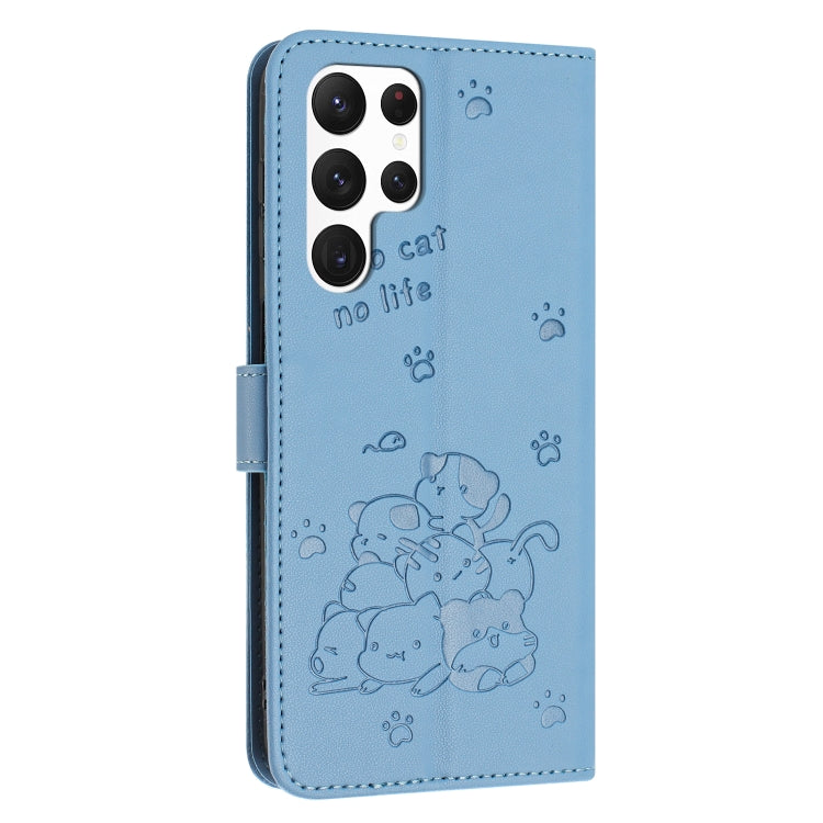 For Samsung Galaxy S25 Ultra 5G Embossed Kitten Phone Leather Case with Lanyard(Blue) - Galaxy S25 Ultra 5G Cases by PMC TechLife | Online Shopping South Africa | PMC TechLife | Buy Now Pay Later Mobicred