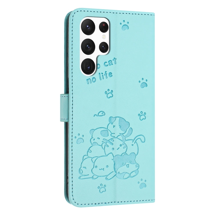 For Samsung Galaxy S25 Ultra 5G Embossed Kitten Phone Leather Case with Lanyard(Mint Green) - free shipping - PMC TechLife - Order now!