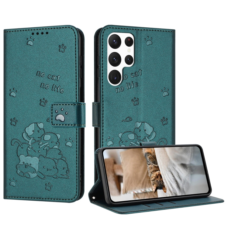 For Samsung Galaxy S25 Ultra 5G Embossed Kitten Phone Leather Case with Lanyard(Dark Green) - Galaxy S25 Ultra 5G Cases by PMC TechLife | Online Shopping South Africa | PMC TechLife | Buy Now Pay Later Mobicred