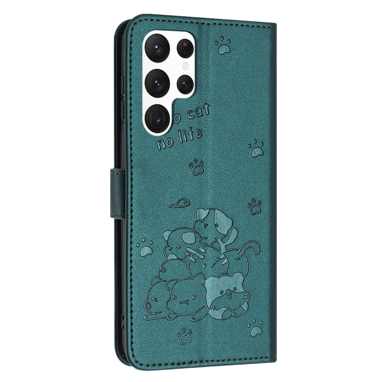 For Samsung Galaxy S25 Ultra 5G Embossed Kitten Phone Leather Case with Lanyard(Dark Green) - Galaxy S25 Ultra 5G Cases by PMC TechLife | Online Shopping South Africa | PMC TechLife | Buy Now Pay Later Mobicred