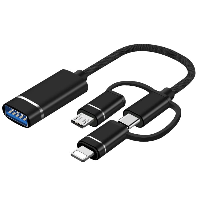 3 in 1 USB Female to Micro USB, Type-C, 8 Pin Male OTG Adapter(Black) - OTG Adapter by PMC Jewellery | Online Shopping South Africa | PMC Jewellery | Buy Now Pay Later Mobicred