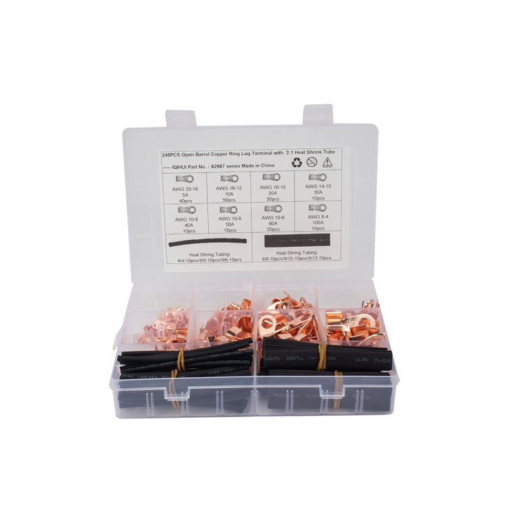 245 PCS Icstation Open Barrel Pure Copper Ring Lug Wire Crimp Terminals Assortment Kit with Heat Shrink Tube - Booster Cable & Clip by PMC Jewellery | Online Shopping South Africa | PMC Jewellery