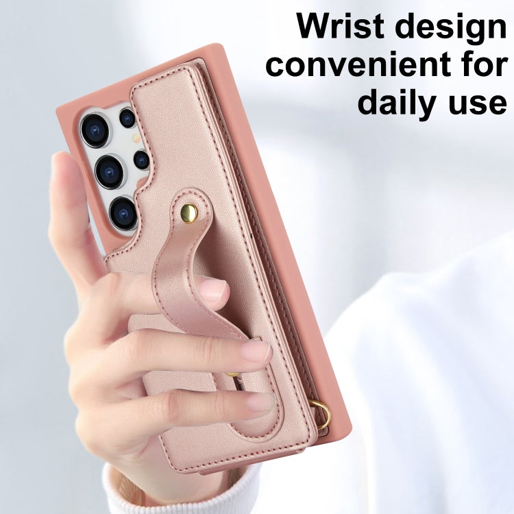 For Samsung Galaxy S25 Ultra 5G Wristband Vertical Flip Wallet Back Cover Phone Case with Long Lanyard(Rose Gold) - Galaxy S25 Ultra 5G Cases by PMC TechLife | Online Shopping South Africa | PMC TechLife | Buy Now Pay Later Mobicred