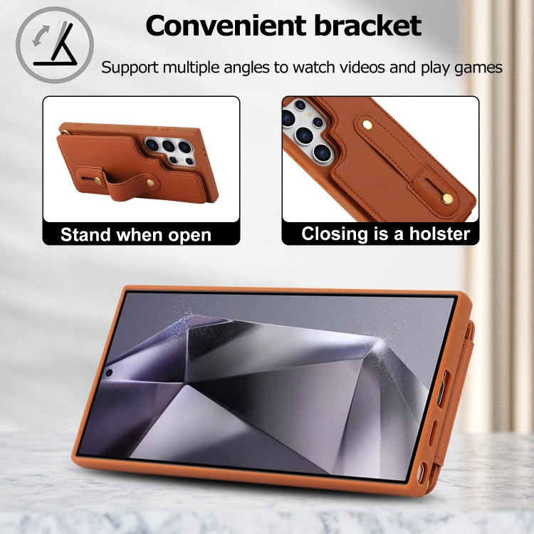 For Samsung Galaxy S25 Ultra 5G Wristband Vertical Flip Wallet Back Cover Phone Case with Long Lanyard(Brown) - Galaxy S25 Ultra 5G Cases by PMC TechLife | Online Shopping South Africa | PMC TechLife | Buy Now Pay Later Mobicred
