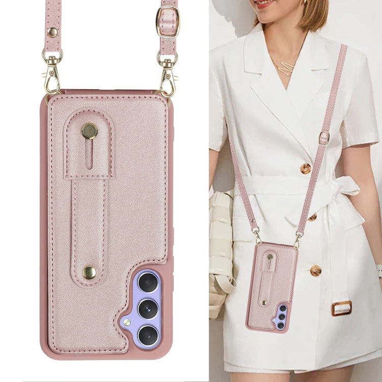 For Samsung Galaxy S25+ 5G Wristband Vertical Flip Wallet Back Cover Phone Case with Long Lanyard(Rose Gold) - Galaxy S25+ 5G Cases by PMC TechLife | Online Shopping South Africa | PMC TechLife | Buy Now Pay Later Mobicred