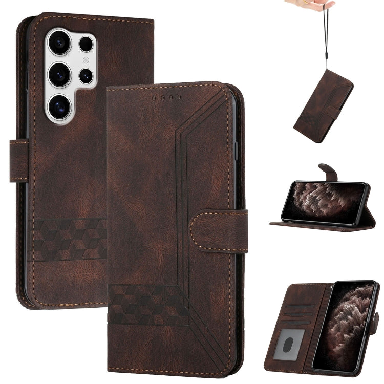 For Samsung Galaxy S25 Ultra 5G Cubic Skin Feel Flip Leather Phone Case(Brown) - Galaxy S25 Ultra 5G Cases by PMC TechLife | Online Shopping South Africa | PMC TechLife | Buy Now Pay Later Mobicred