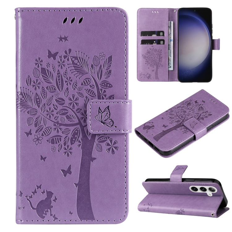For Samsung Galaxy S25+ / S24+ 5G Tree & Cat Embossed Pattern Flip Leather Phone Case(Light Purple) - Galaxy S25+ 5G Cases by PMC TechLife | Online Shopping South Africa | PMC TechLife | Buy Now Pay Later Mobicred
